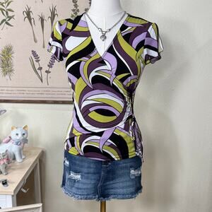 Vintage 90s Y2K Purple Green Mod Retro Print V Neck Faux Wrap Stretch Top S